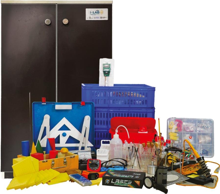 iLab kit: storage cabinet, geometry set, glassware, soldering station and models